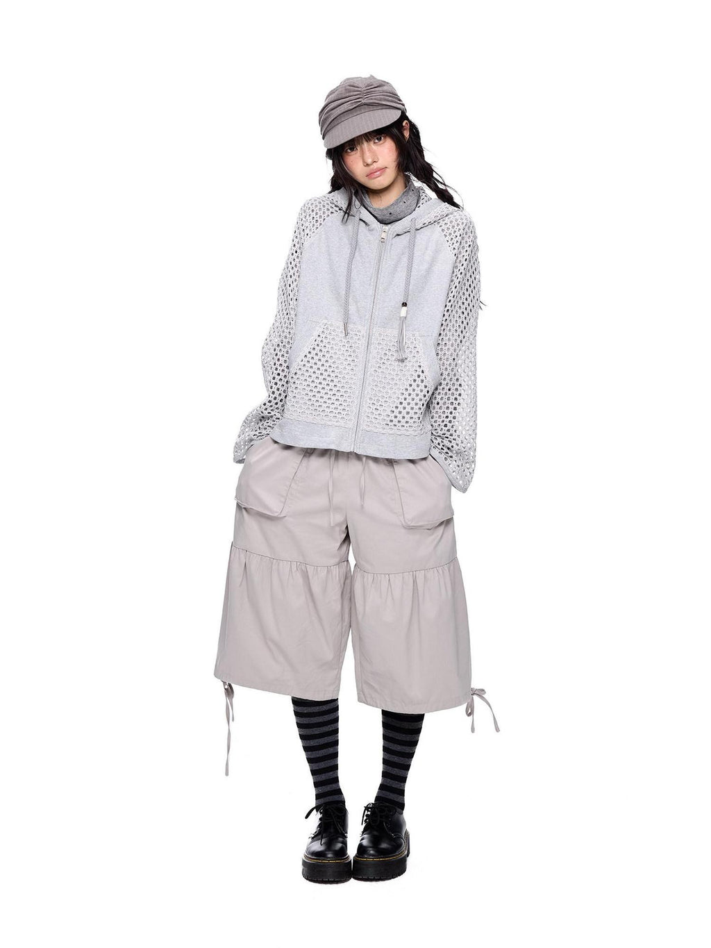 EZEK Light Gray Drawstring Pocket Wide Leg Women's Cotton Capri Pants