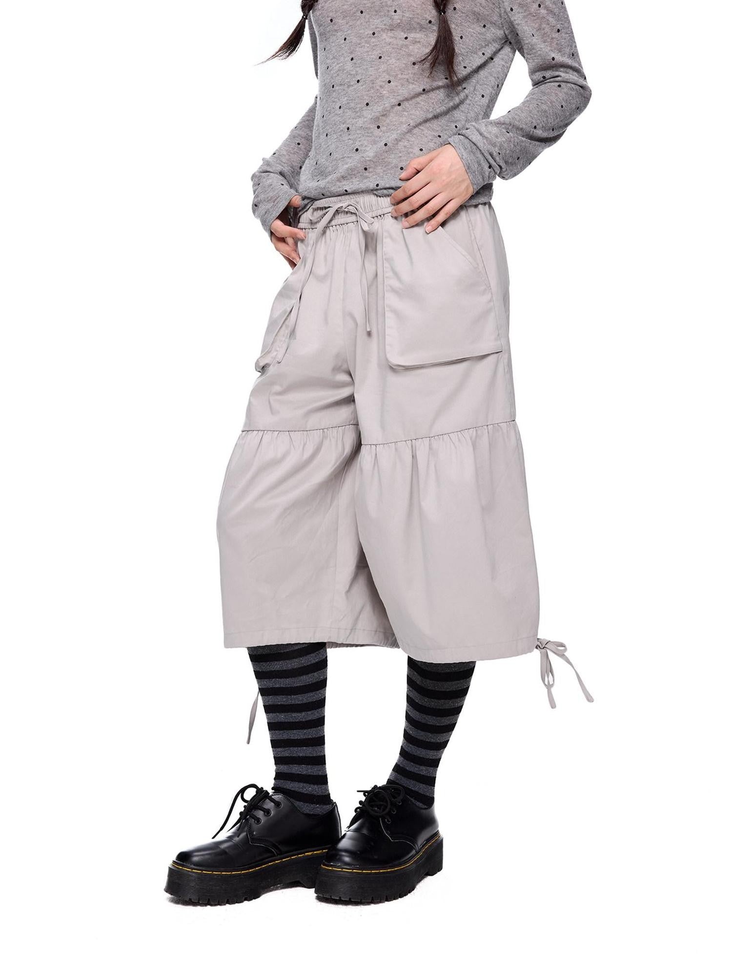EZEK Light Gray Drawstring Pocket Wide Leg Women's Cotton Capri Pants