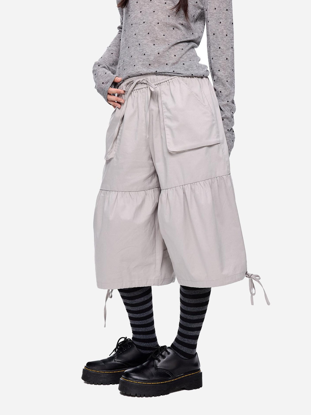 EZEK Light Gray Drawstring Pocket Wide Leg Women's Cotton Capri Pants