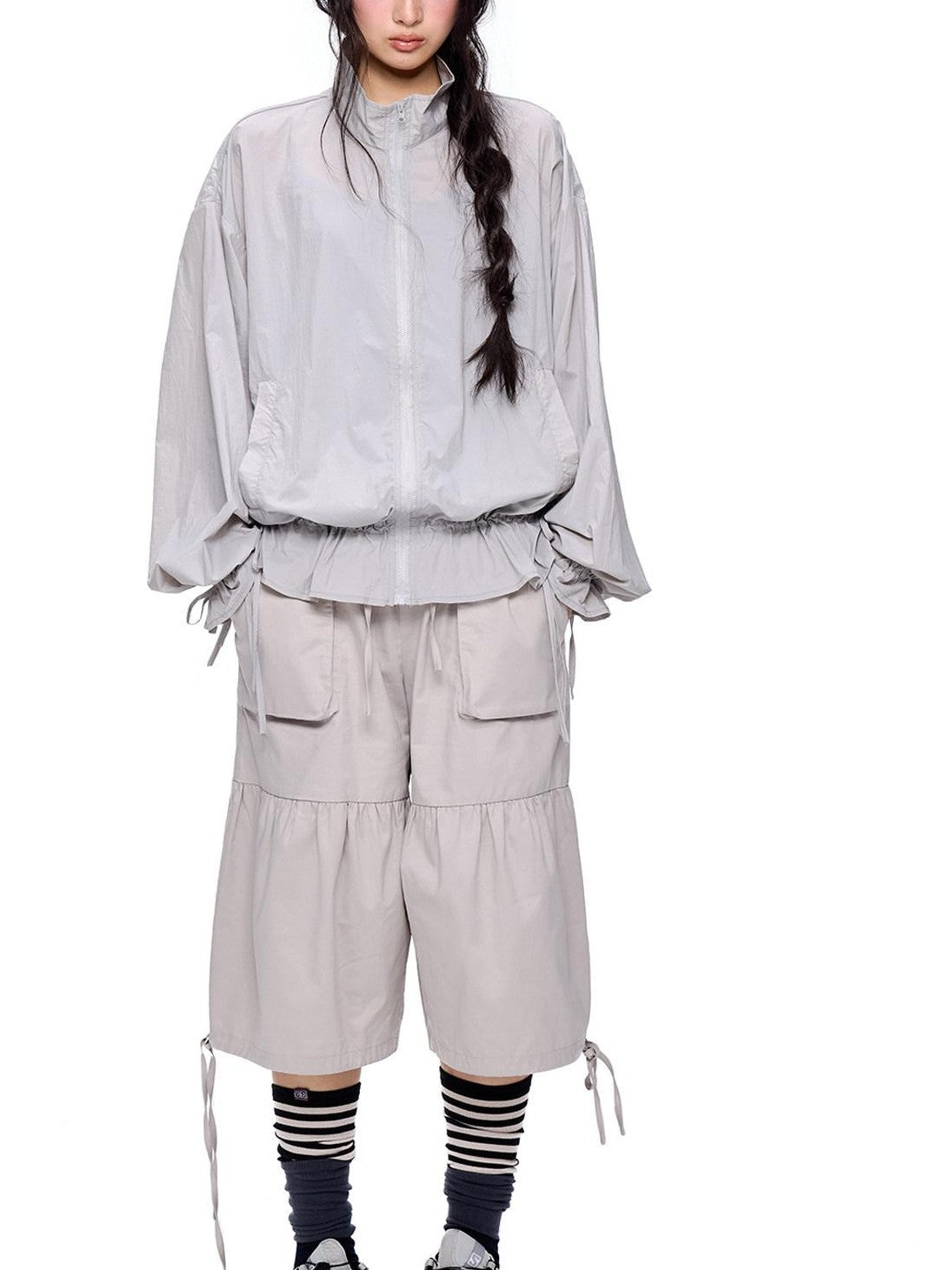 EZEK Light Gray Drawstring Pocket Wide Leg Women's Cotton Capri Pants