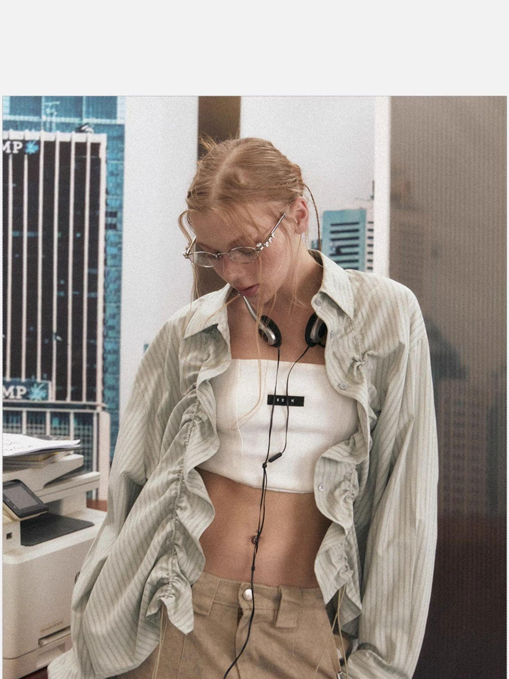 EZEK Light Green Striped Button Front Turn Down Collar Women's Poly Cotton Overshirts