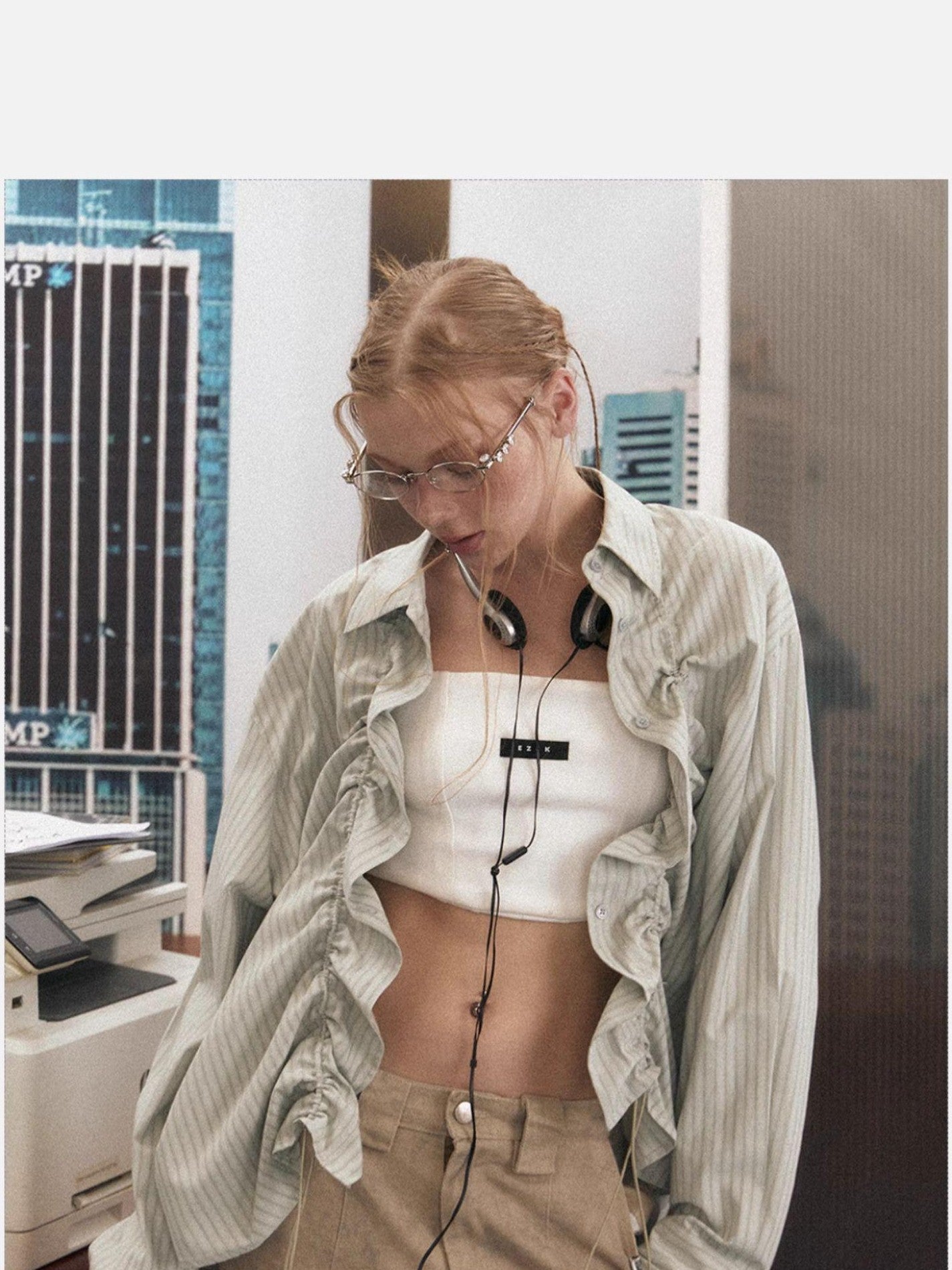 EZEK Light Green Striped Button Front Turn Down Collar Women's Poly Cotton Overshirts