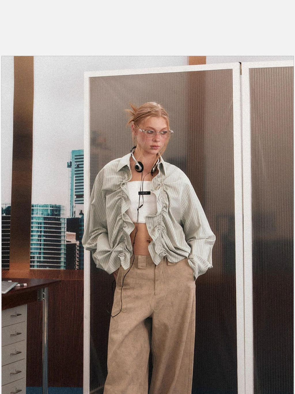 EZEK Light Green Striped Button Front Turn Down Collar Women's Poly Cotton Overshirts