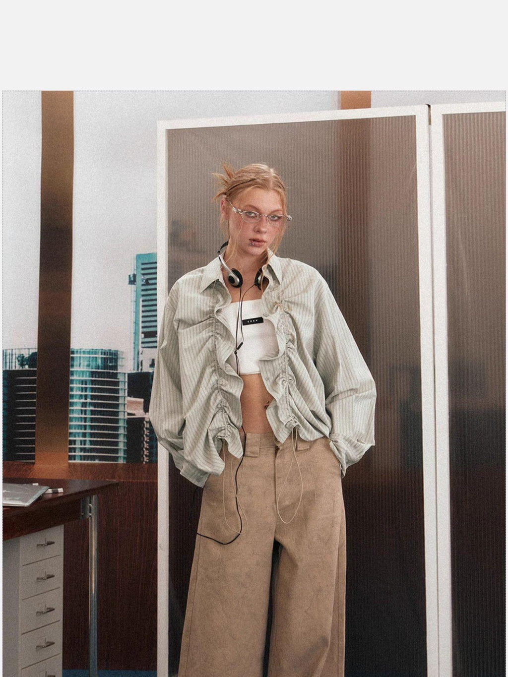 EZEK Light Green Striped Button Front Turn Down Collar Women's Poly Cotton Overshirts