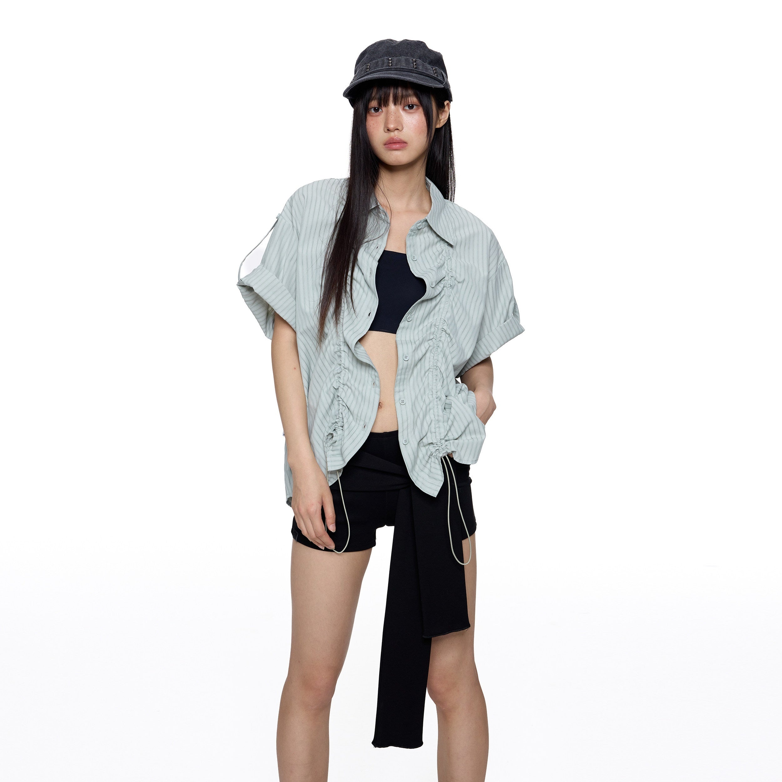 EZEK_Light_Green_Striped_Pleated_Drawstring_Women's_Cotton_Oversized_Shirts_894447024350_MISSTT