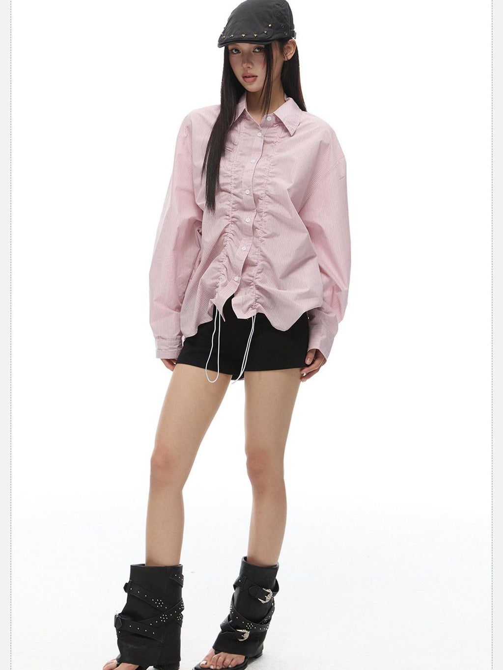 EZEK Light Green Striped Pleated Drawstring Women's Cotton Oversized Shirts