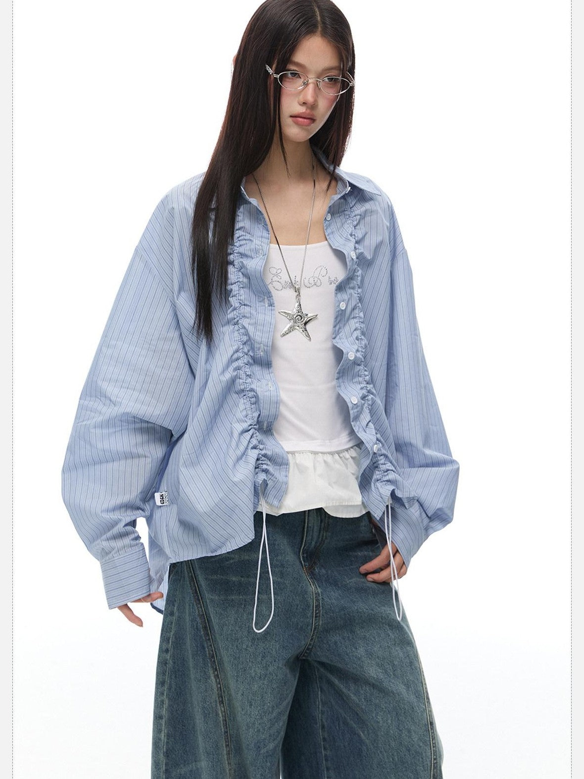EZEK Light Green Striped Pleated Drawstring Women's Cotton Oversized Shirts