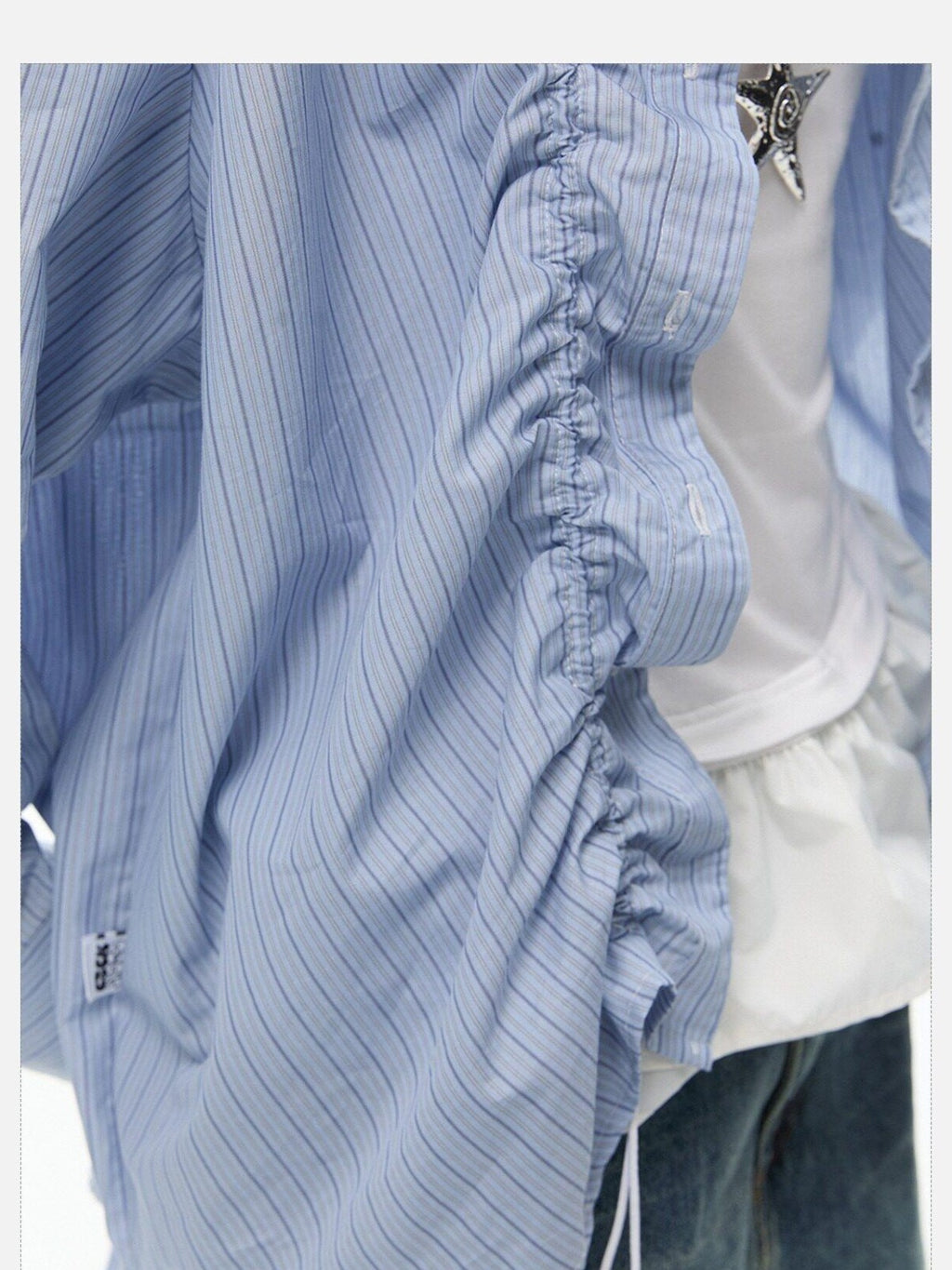 EZEK Light Green Striped Pleated Drawstring Women's Cotton Oversized Shirts