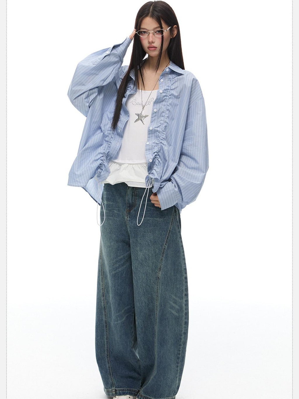 EZEK Light Green Striped Pleated Drawstring Women's Cotton Oversized Shirts