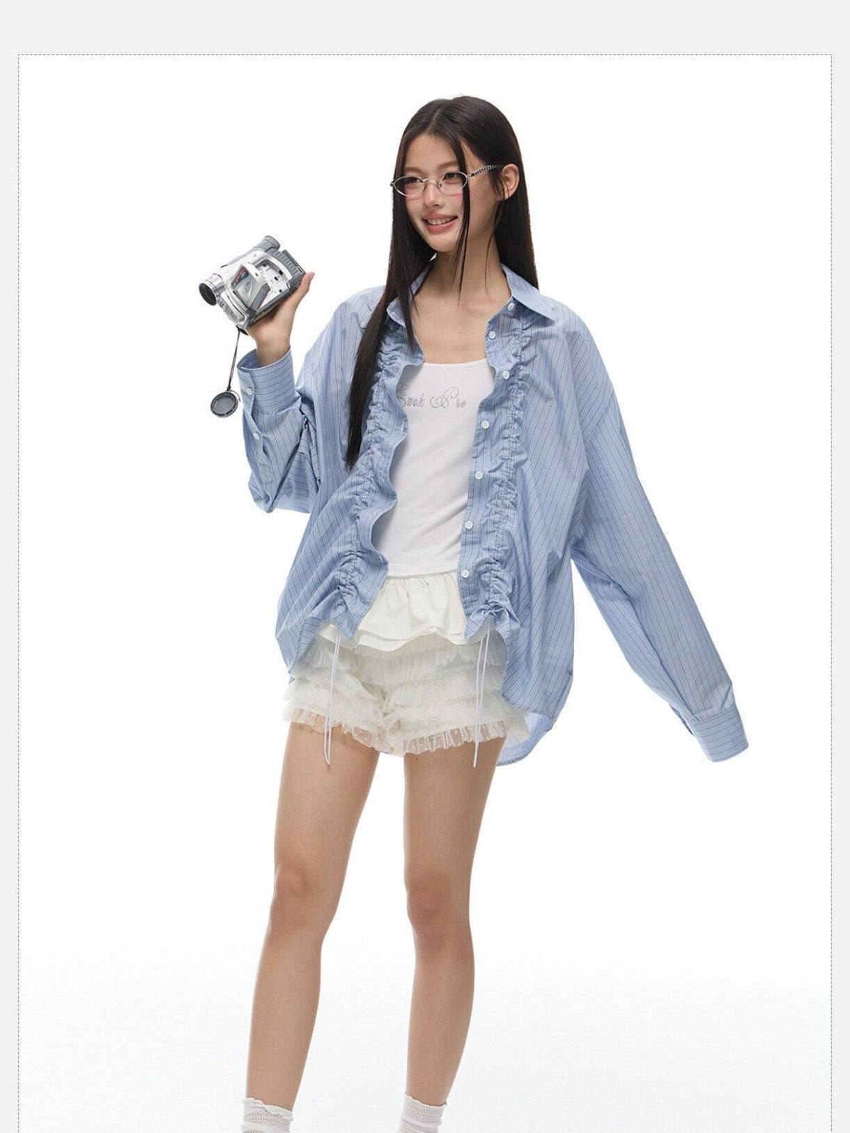 EZEK Light Green Striped Pleated Drawstring Women's Cotton Oversized Shirts
