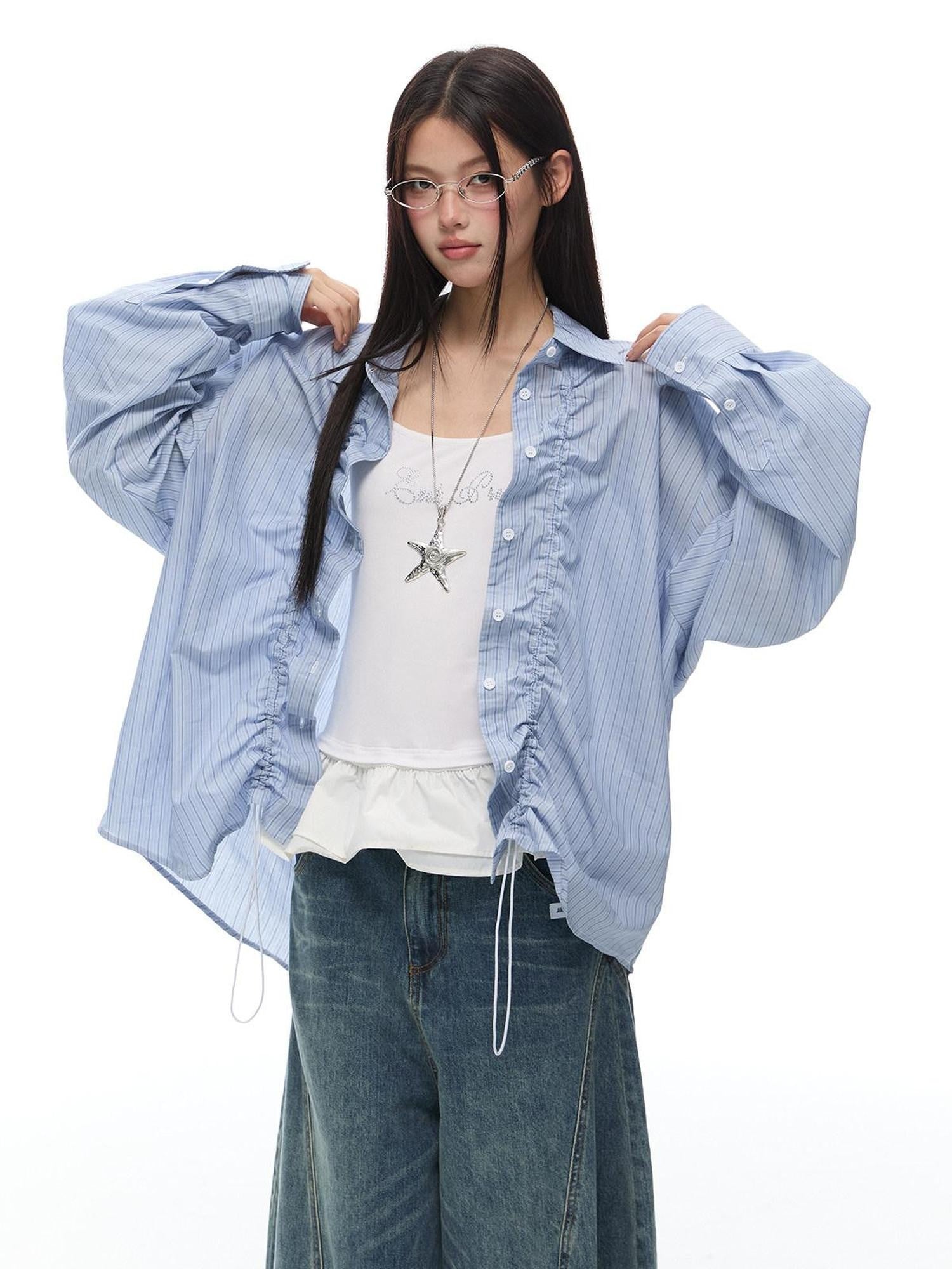 EZEK Light Green Striped Pleated Drawstring Women's Cotton Oversized Shirts