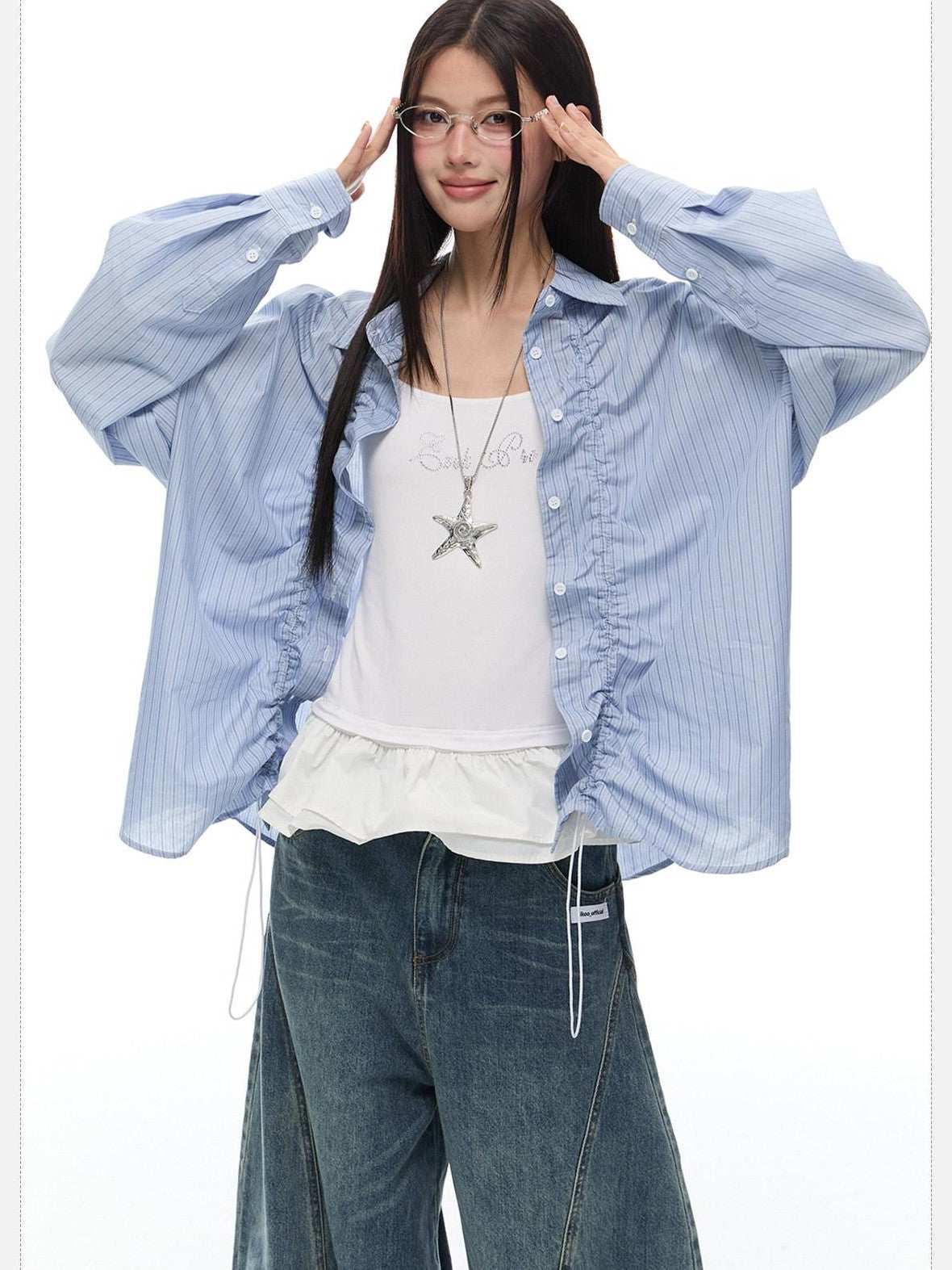 EZEK Light Green Striped Pleated Drawstring Women's Cotton Oversized Shirts