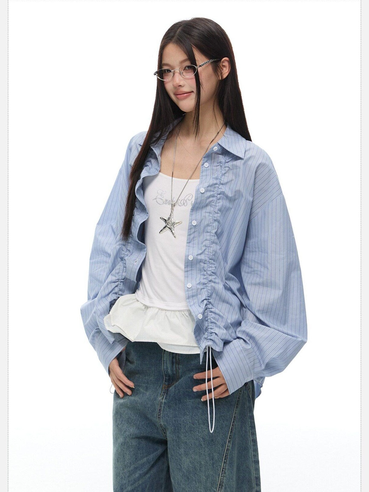 EZEK Light Green Striped Pleated Drawstring Women's Cotton Oversized Shirts