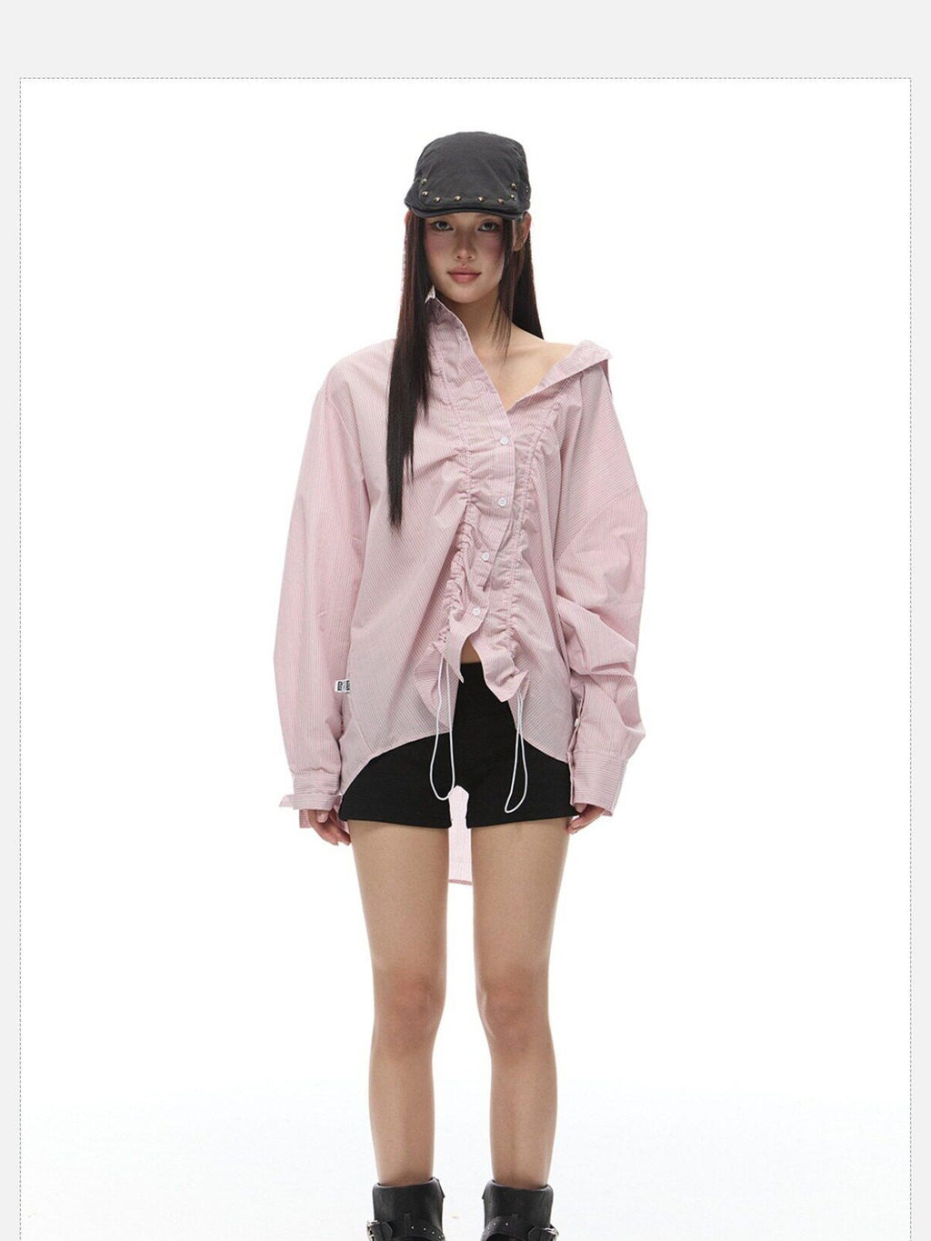 EZEK Light Green Striped Pleated Drawstring Women's Cotton Oversized Shirts