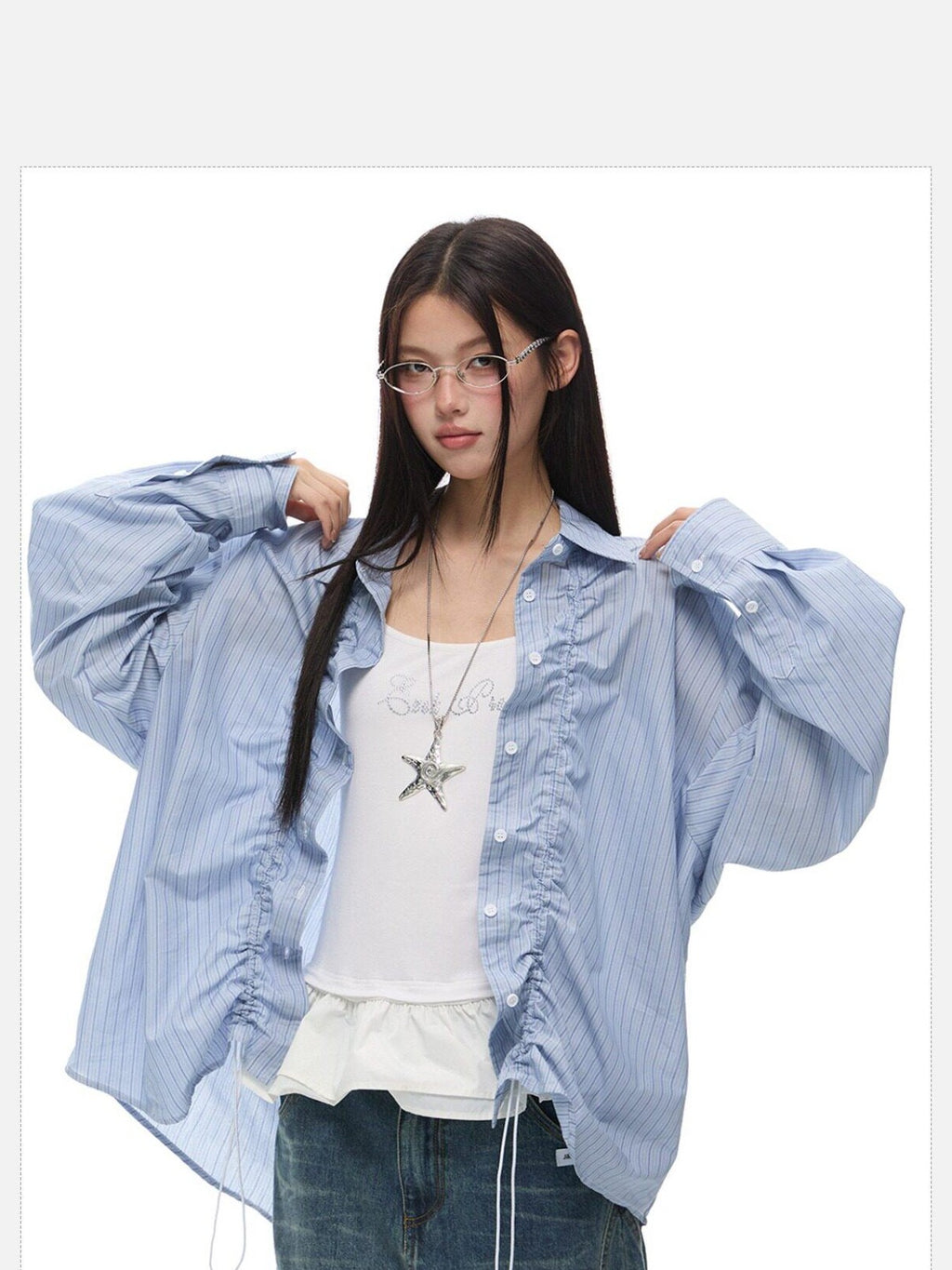 EZEK Light Green Striped Pleated Drawstring Women's Cotton Oversized Shirts