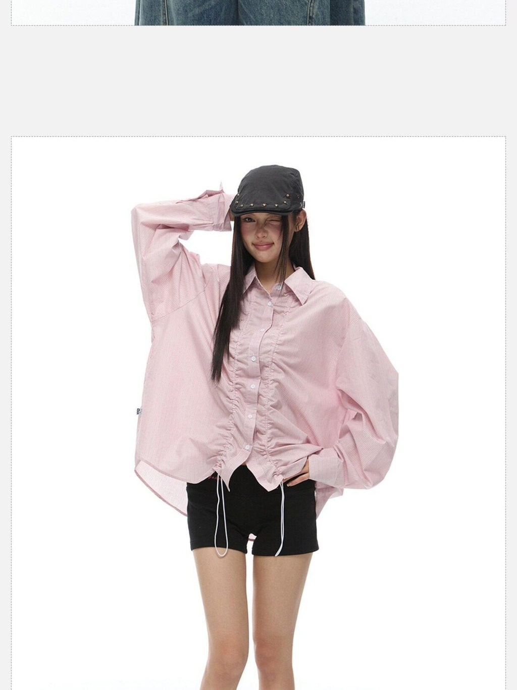 EZEK Light Green Striped Pleated Drawstring Women's Cotton Oversized Shirts