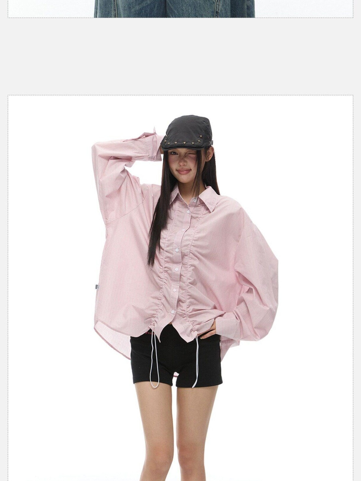 EZEK Light Green Striped Pleated Drawstring Women's Cotton Oversized Shirts