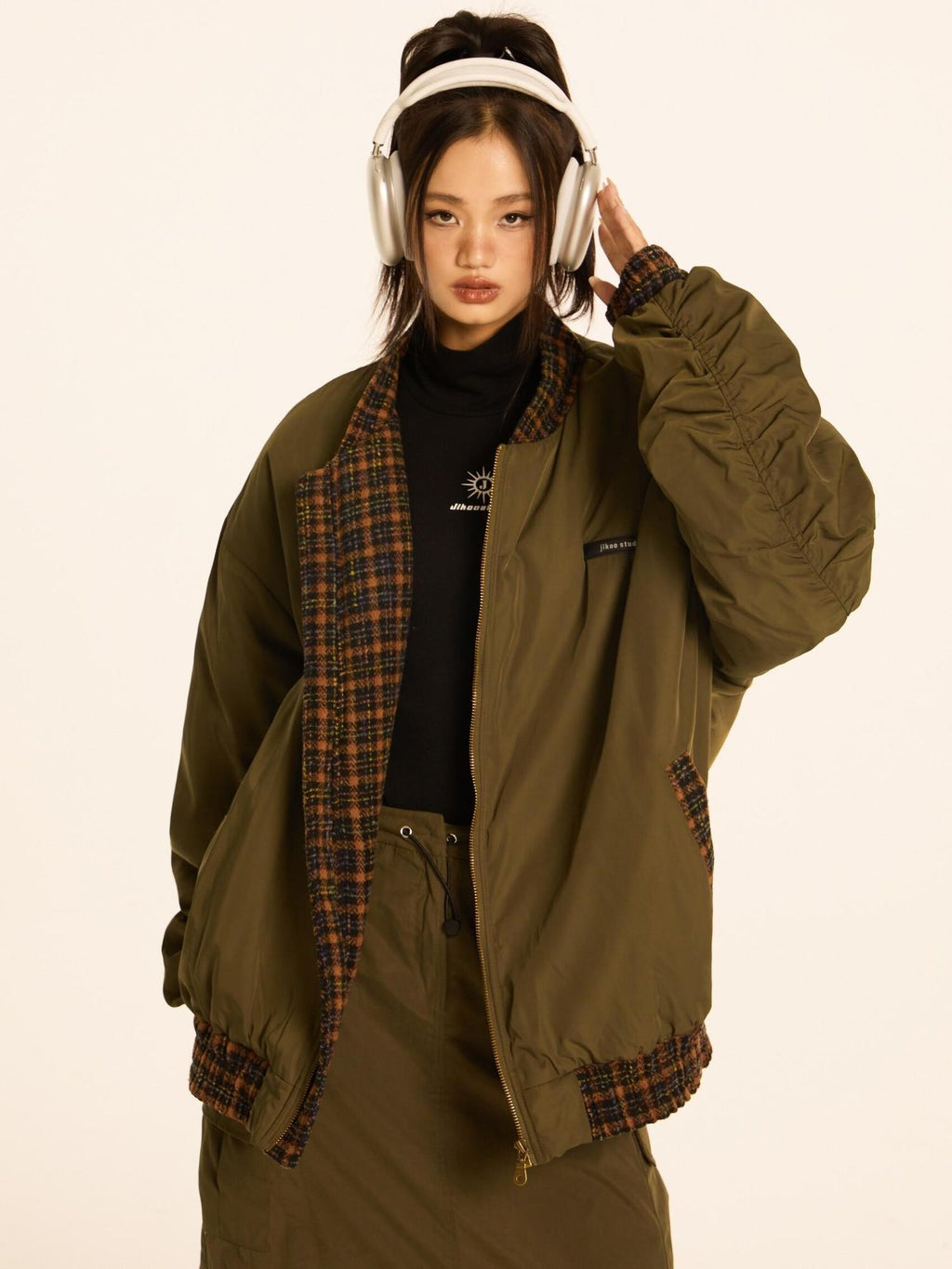 EZEK Military Green Vintage Bomber Oversize Women's Polyester Baseball Jackets