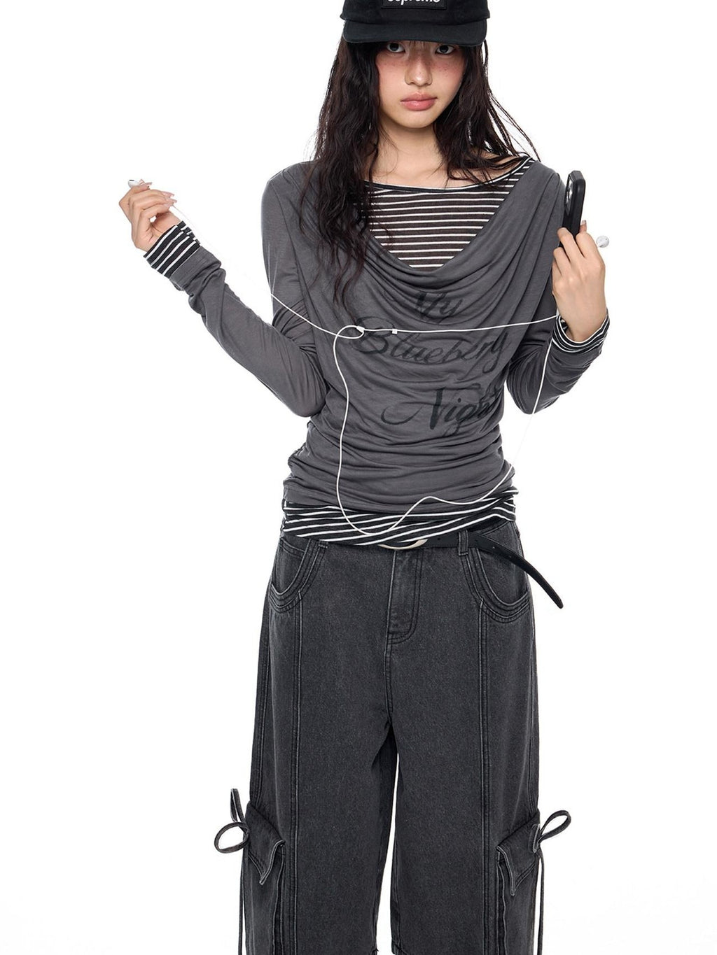 EZEK Mock Two Piece Draped Print Waist Cinch Women's Lyocell Long Sleeve T-shirts