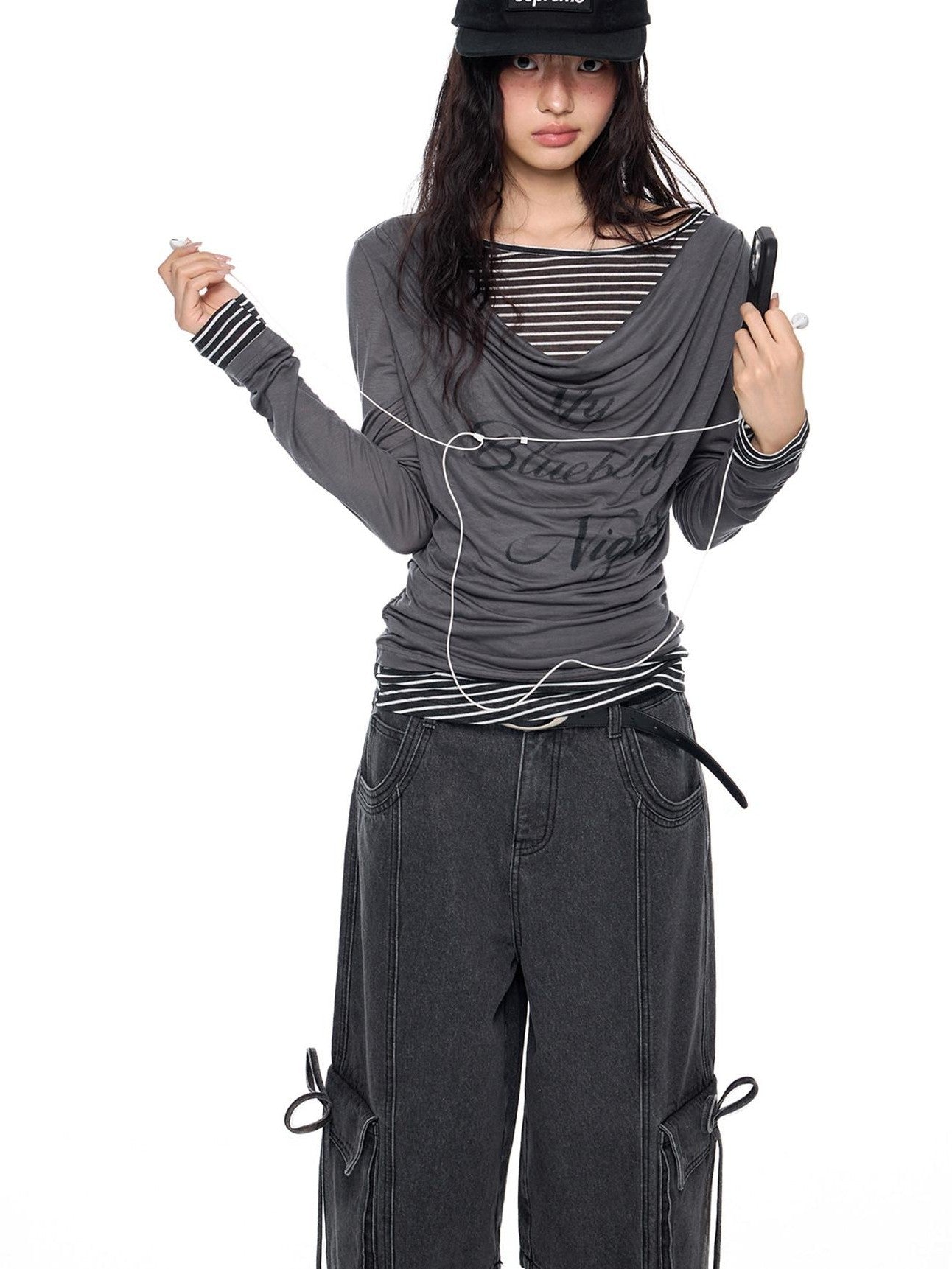EZEK Mock Two Piece Draped Print Waist Cinch Women's Lyocell Long Sleeve T-shirts