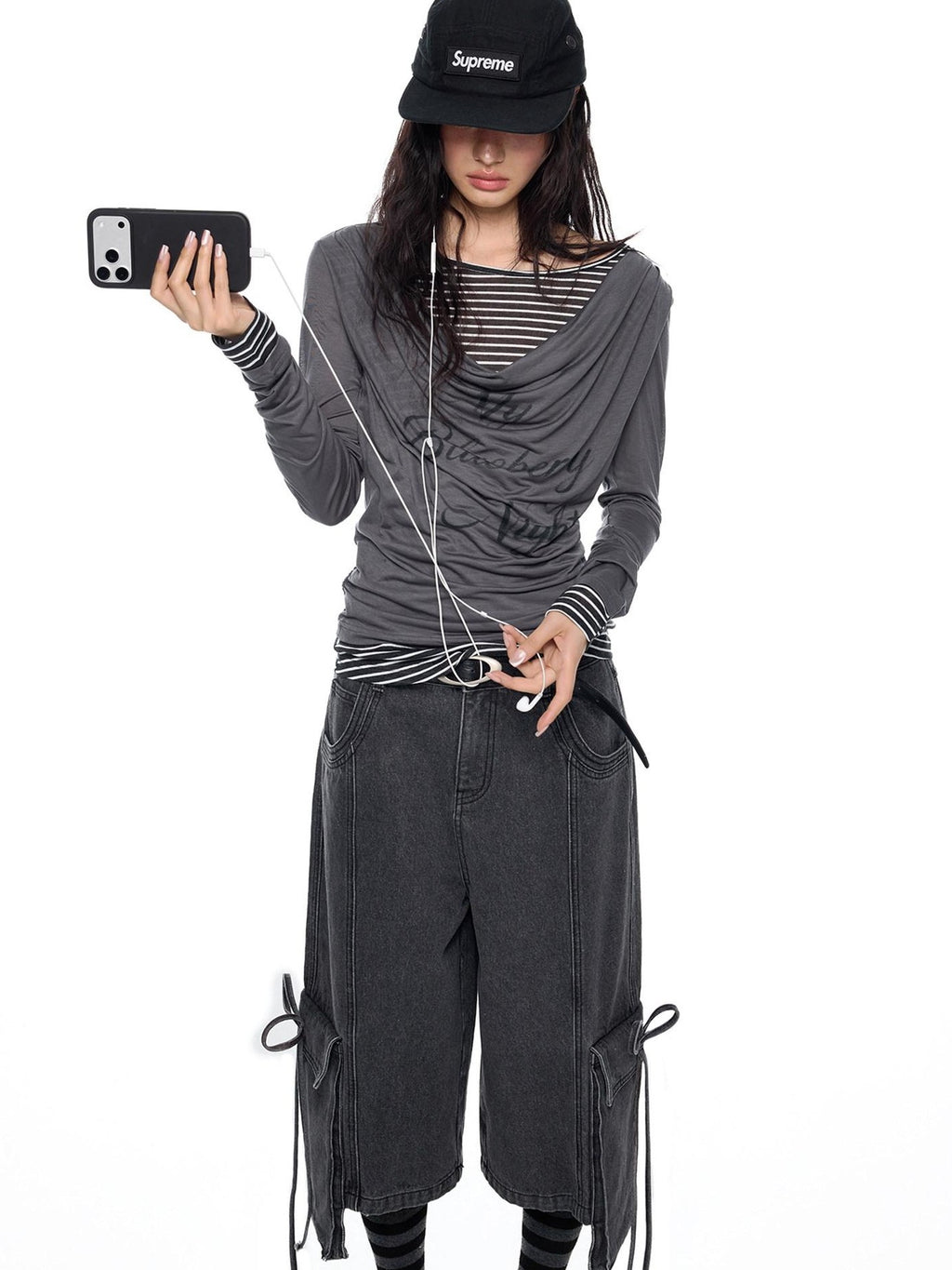 EZEK Mock Two Piece Draped Print Waist Cinch Women's Lyocell Long Sleeve T-shirts