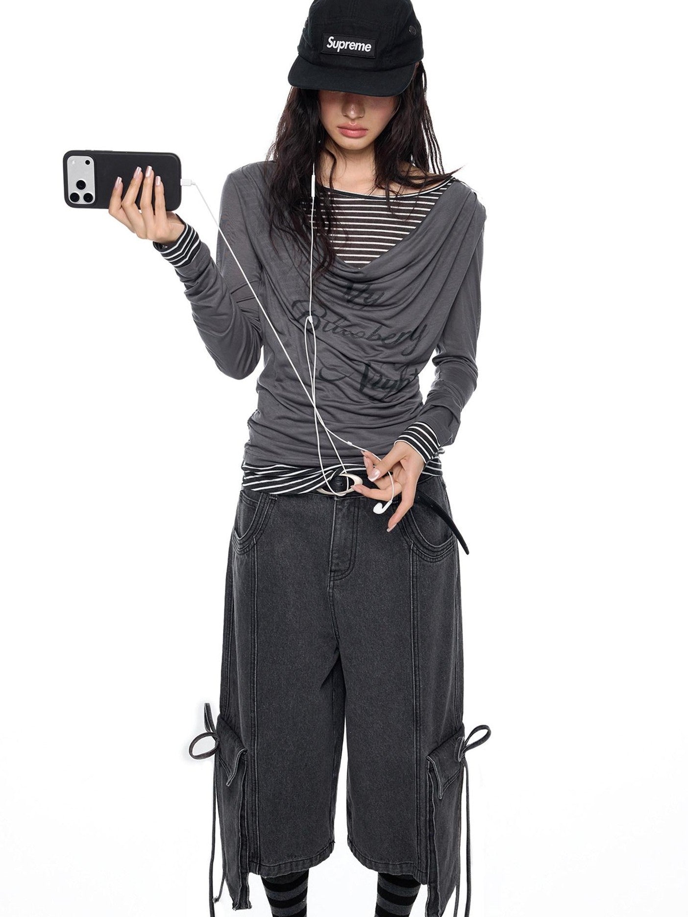 EZEK Mock Two Piece Draped Print Waist Cinch Women's Lyocell Long Sleeve T-shirts