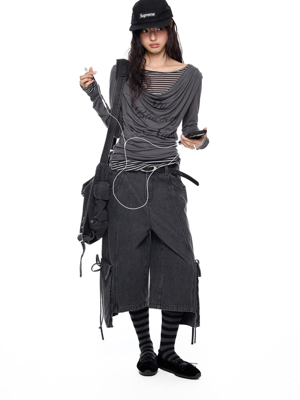 EZEK Mock Two Piece Draped Print Waist Cinch Women's Lyocell Long Sleeve T-shirts