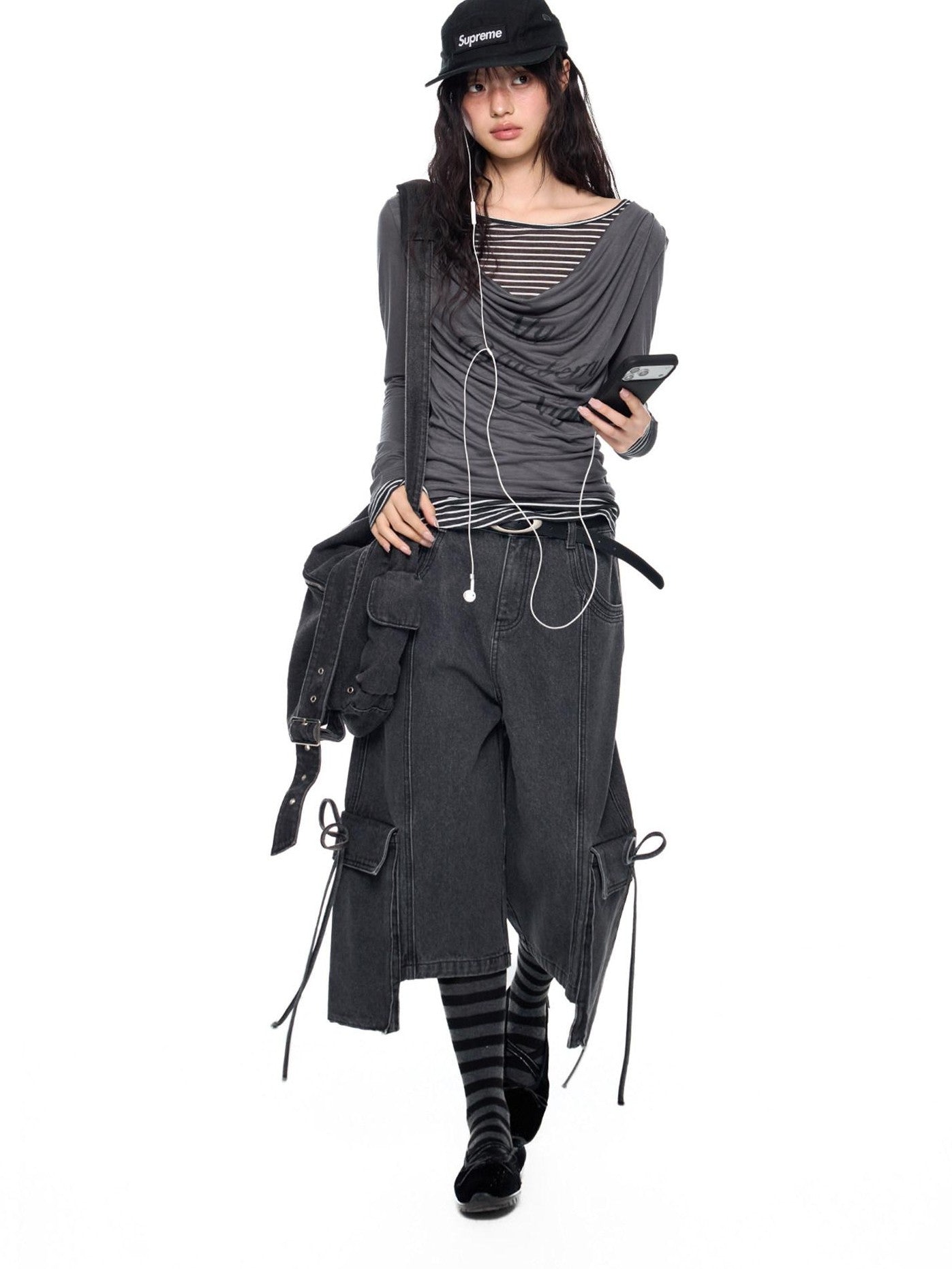 EZEK Mock Two Piece Draped Print Waist Cinch Women's Lyocell Long Sleeve T-shirts