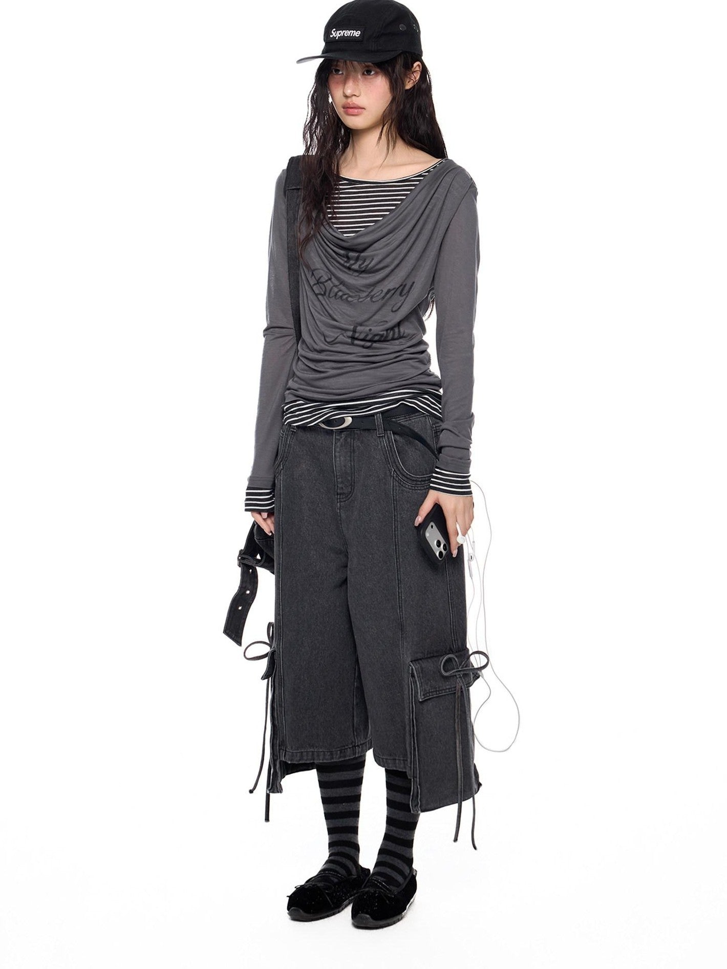 EZEK Mock Two Piece Draped Print Waist Cinch Women's Lyocell Long Sleeve T-shirts