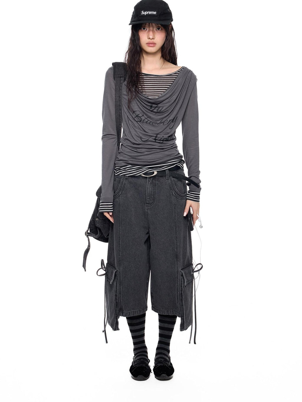 EZEK Mock Two Piece Draped Print Waist Cinch Women's Lyocell Long Sleeve T-shirts