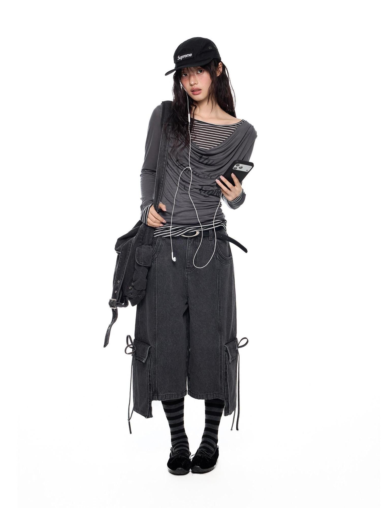 EZEK Mock Two Piece Draped Print Waist Cinch Women's Lyocell Long Sleeve T-shirts