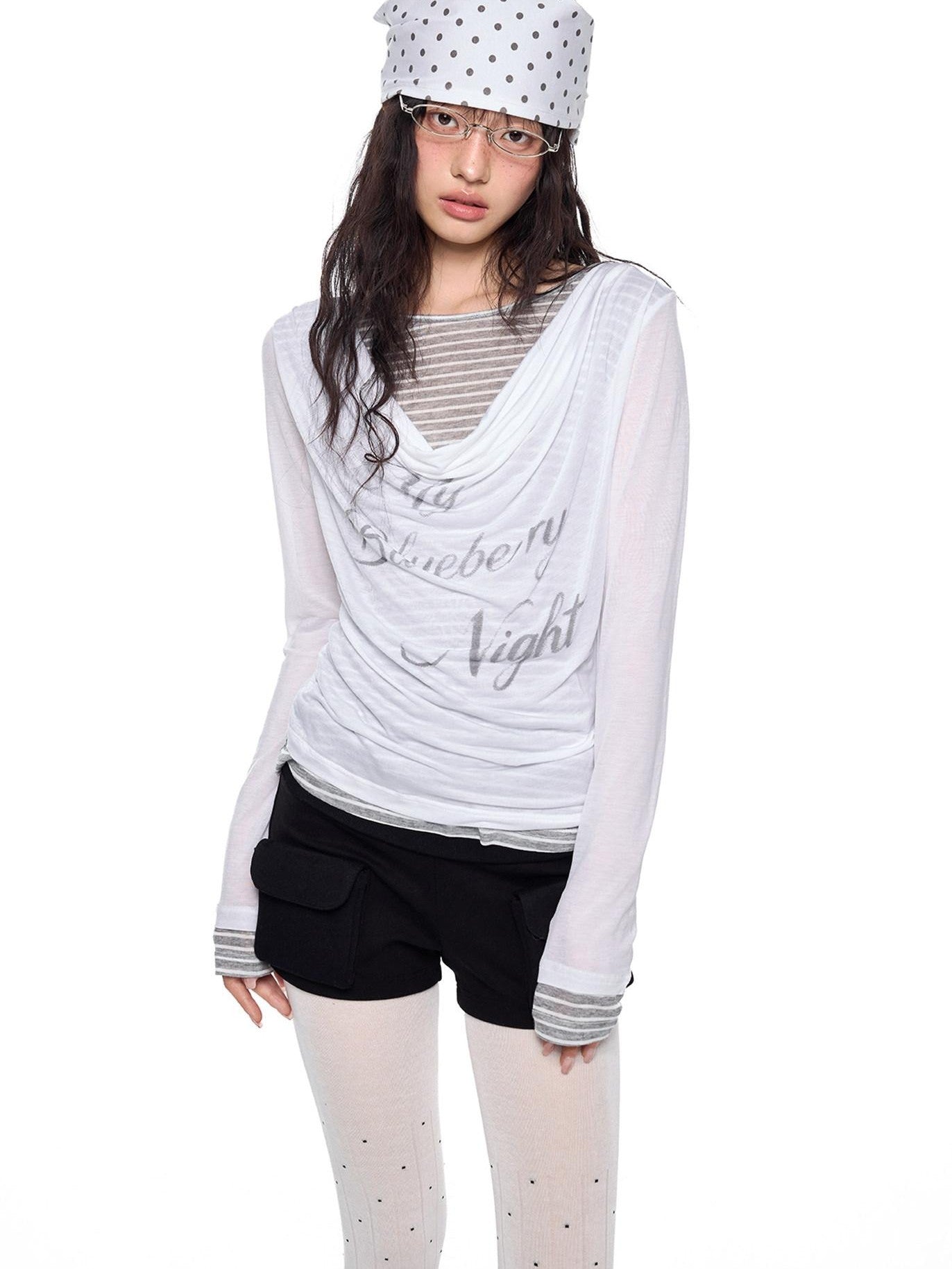 EZEK Mock Two Piece Draped Print Waist Cinch Women's Lyocell Long Sleeve T-shirts