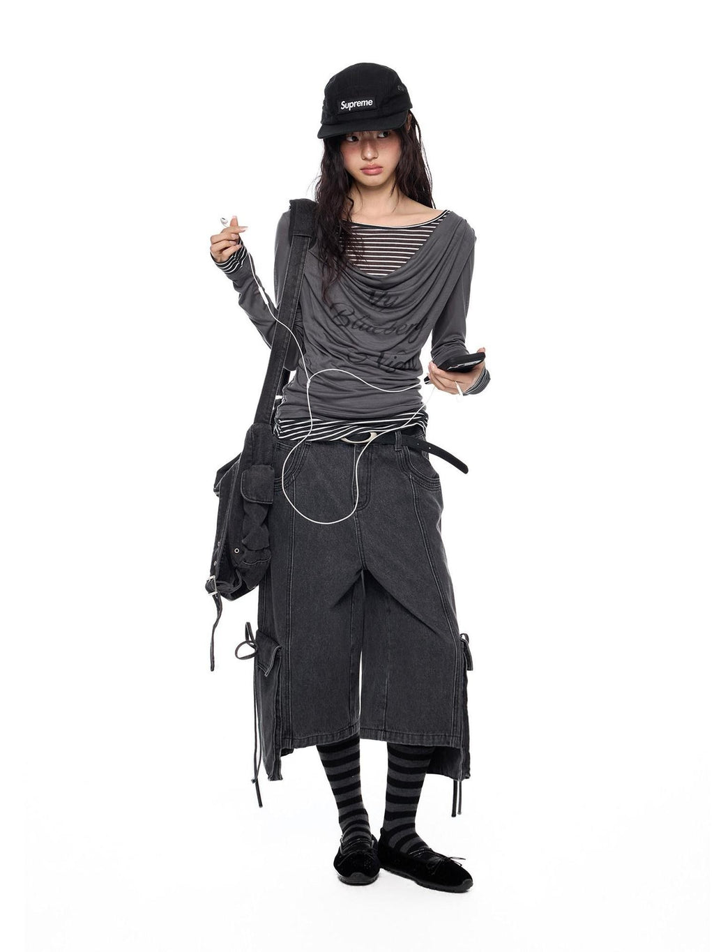 EZEK Mock Two Piece Draped Print Waist Cinch Women's Lyocell Long Sleeve T-shirts