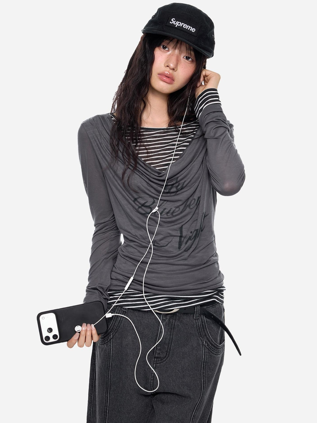 EZEK Mock Two Piece Draped Print Waist Cinch Women's Lyocell Long Sleeve T-shirts