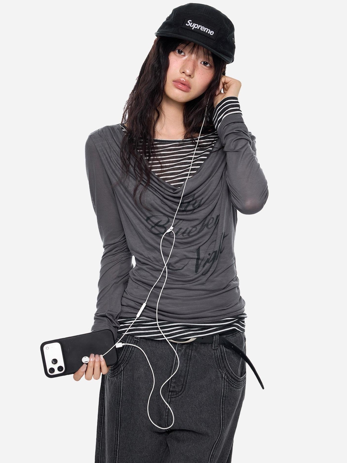 EZEK Mock Two Piece Draped Print Waist Cinch Women's Lyocell Long Sleeve T-shirts