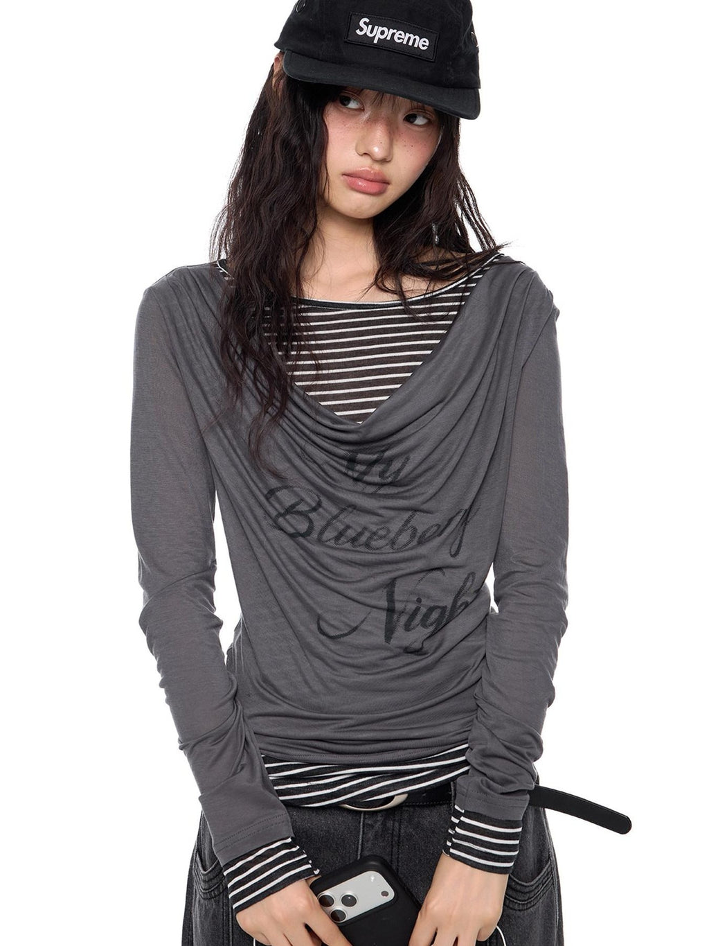EZEK Mock Two Piece Draped Print Waist Cinch Women's Lyocell Long Sleeve T-shirts