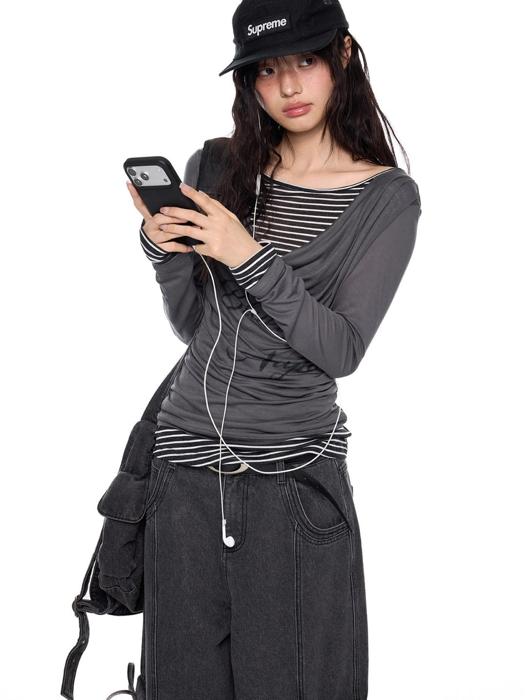 EZEK Mock Two Piece Draped Print Waist Cinch Women's Lyocell Long Sleeve T-shirts