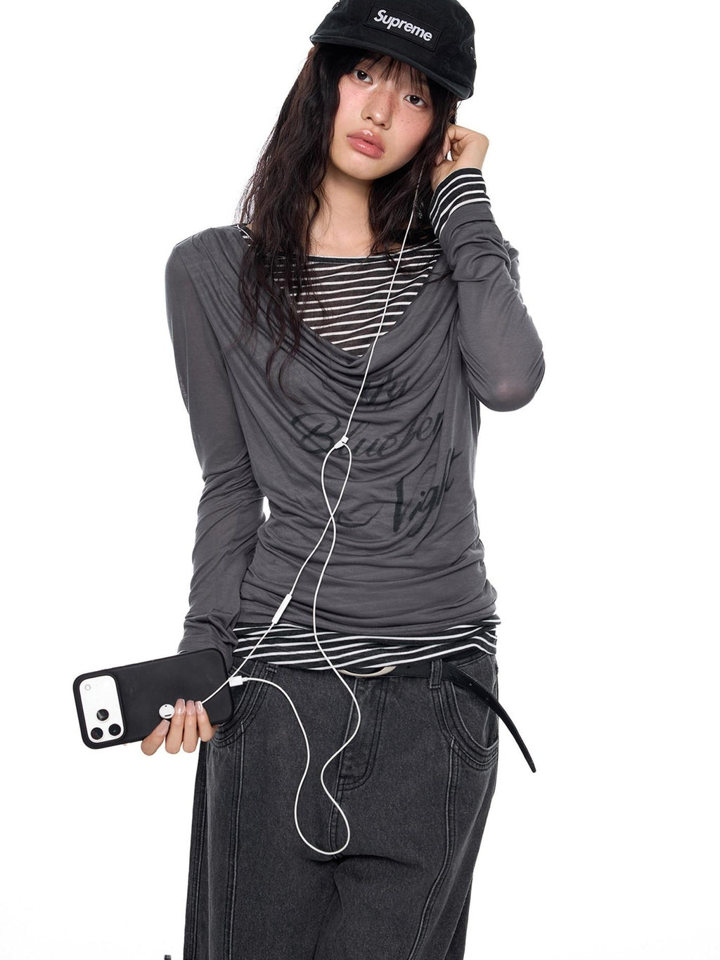 EZEK Mock Two Piece Draped Print Waist Cinch Women's Lyocell Long Sleeve T-shirts