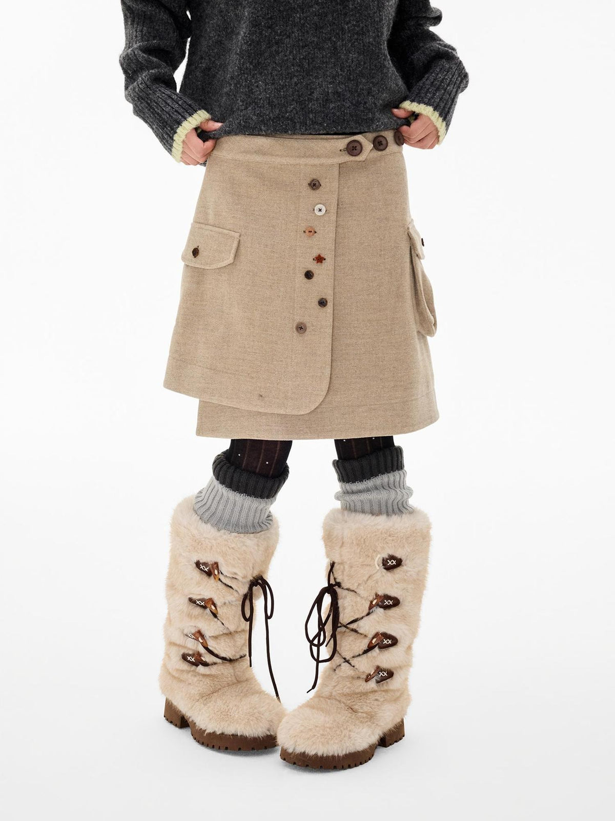 EZEK Multi Button Pocket Adjustable Waist Deconstructed Women's Wool Blend A Line Midi Skirts