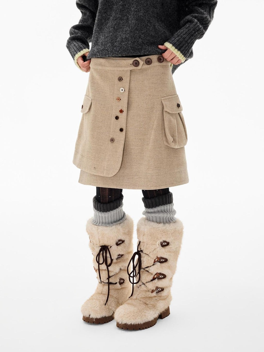 EZEK Multi Button Pocket Adjustable Waist Deconstructed Women's Wool Blend A Line Midi Skirts