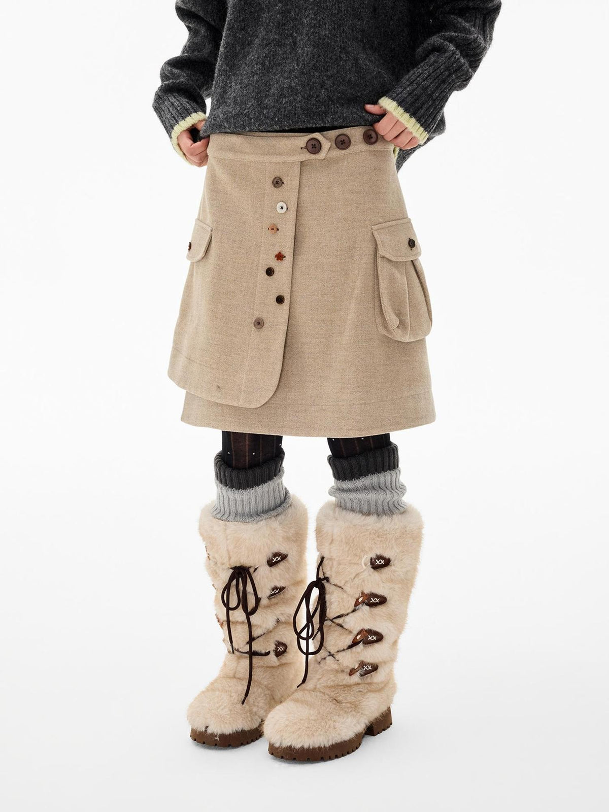 EZEK Multi Button Pocket Adjustable Waist Deconstructed Women's Wool Blend A Line Midi Skirts