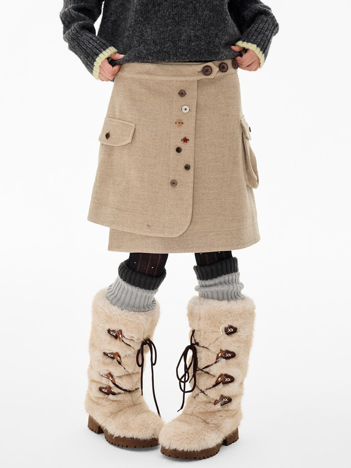 EZEK Multi Button Pocket Adjustable Waist Deconstructed Women's Wool Blend A Line Midi Skirts