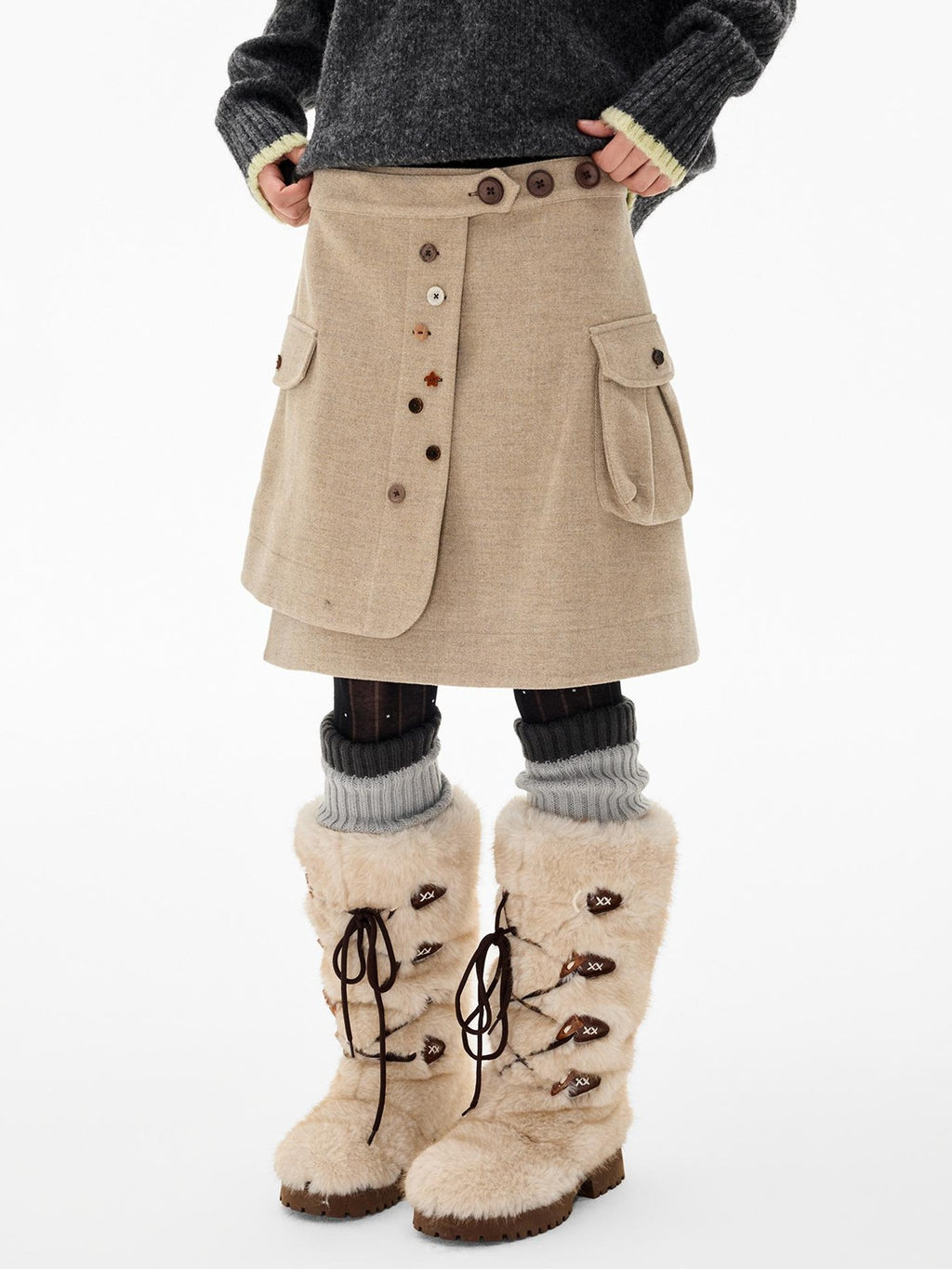 EZEK Multi Button Pocket Adjustable Waist Deconstructed Women's Wool Blend A Line Midi Skirts