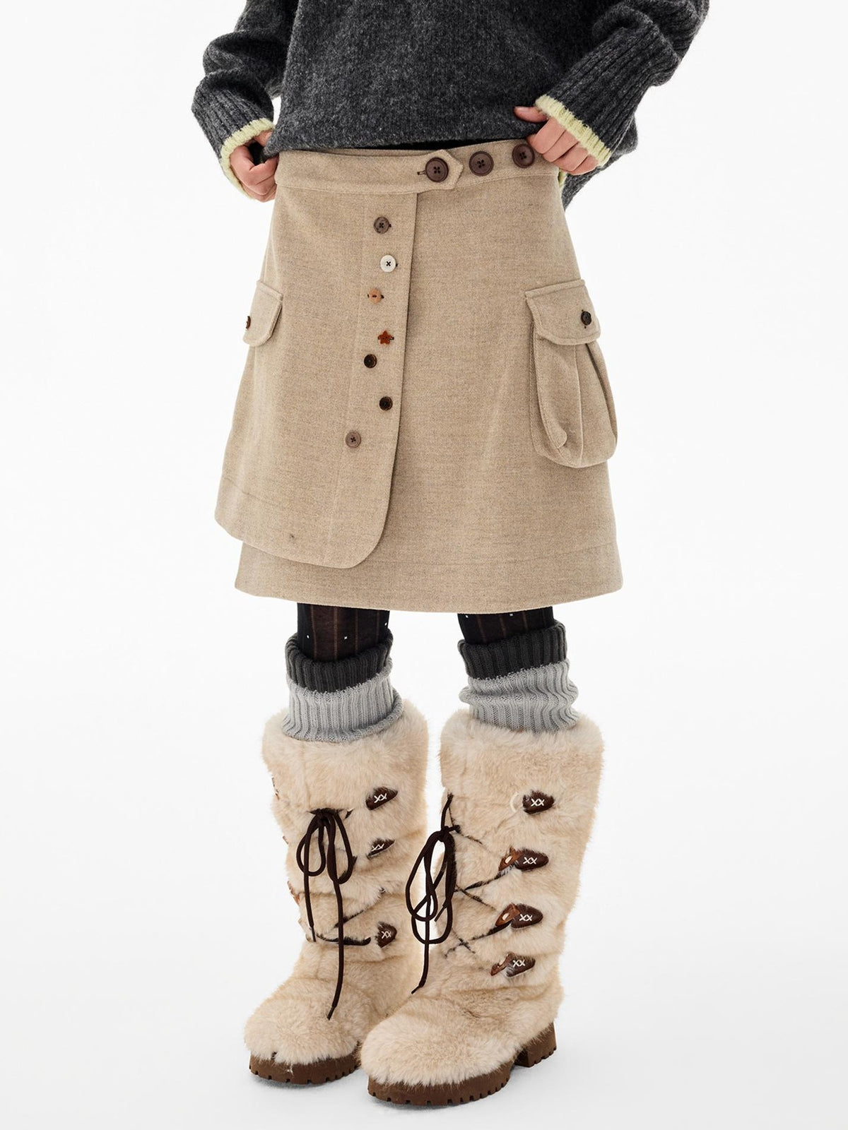EZEK Multi Button Pocket Adjustable Waist Deconstructed Women's Wool Blend A Line Midi Skirts