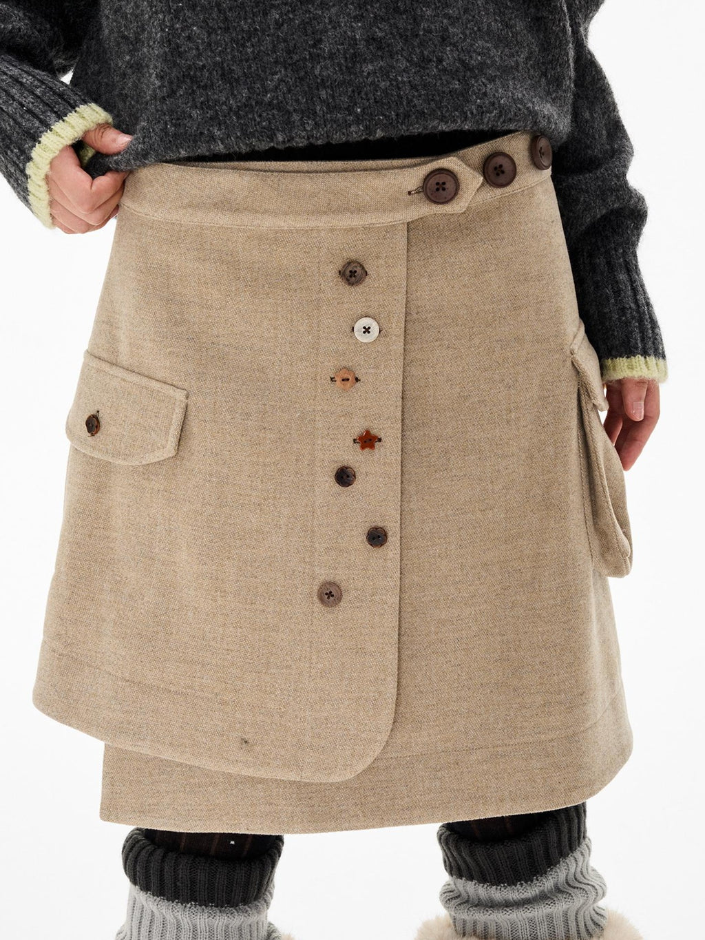 EZEK Multi Button Pocket Adjustable Waist Deconstructed Women's Wool Blend A Line Midi Skirts