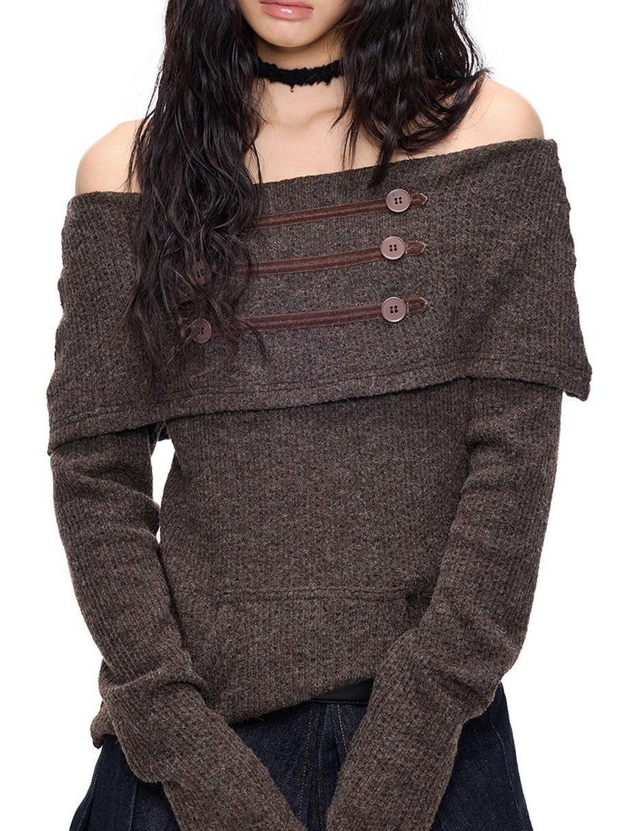EZEK Napoleon Button One Line Collar Women's Viscose Blend Off-shoulder Sweaters