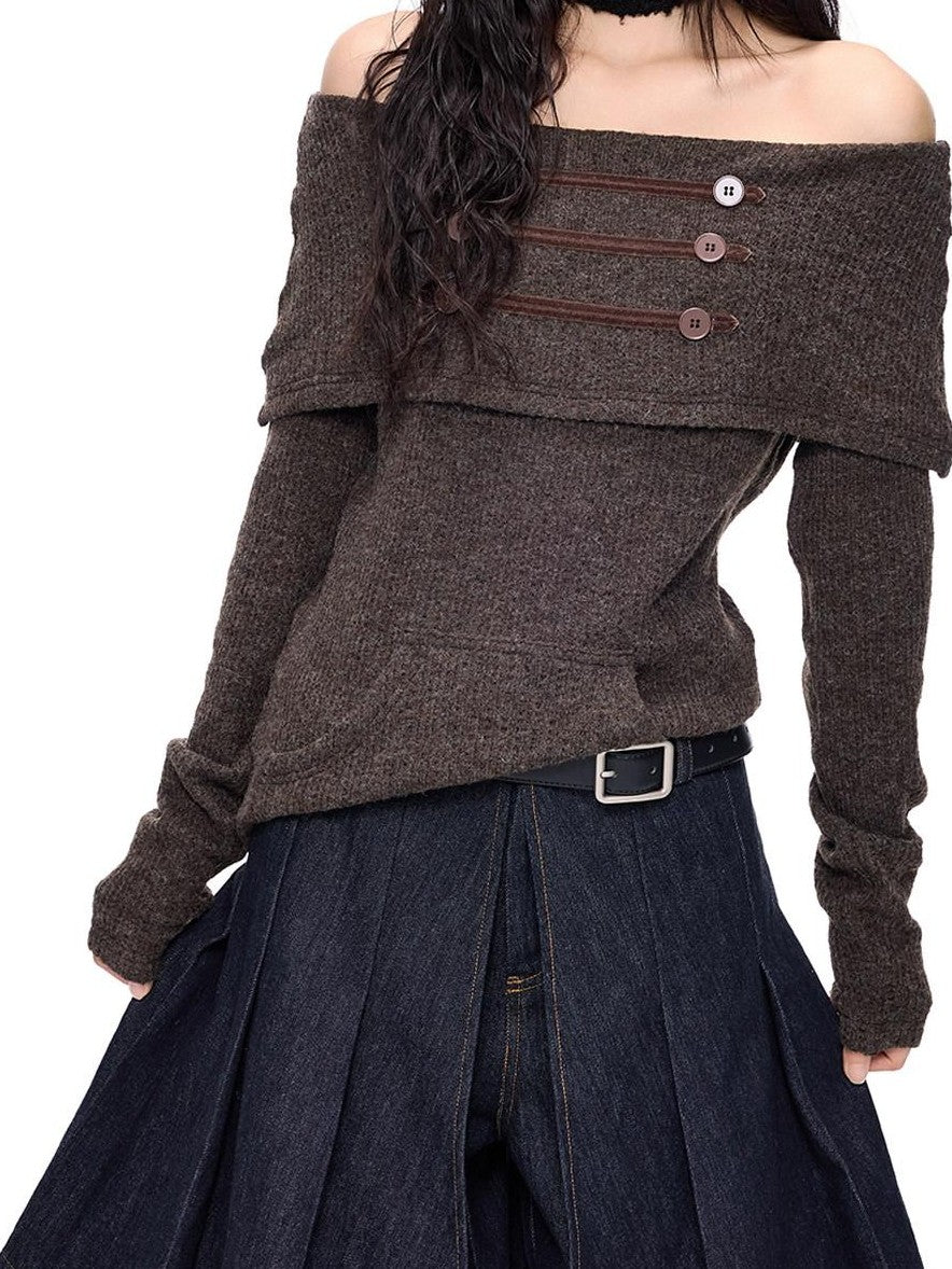 EZEK Napoleon Button One Line Collar Women's Viscose Blend Off-shoulder Sweaters