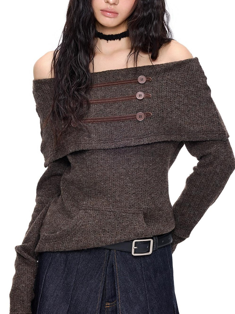 EZEK Napoleon Button One Line Collar Women's Viscose Blend Off-shoulder Sweaters