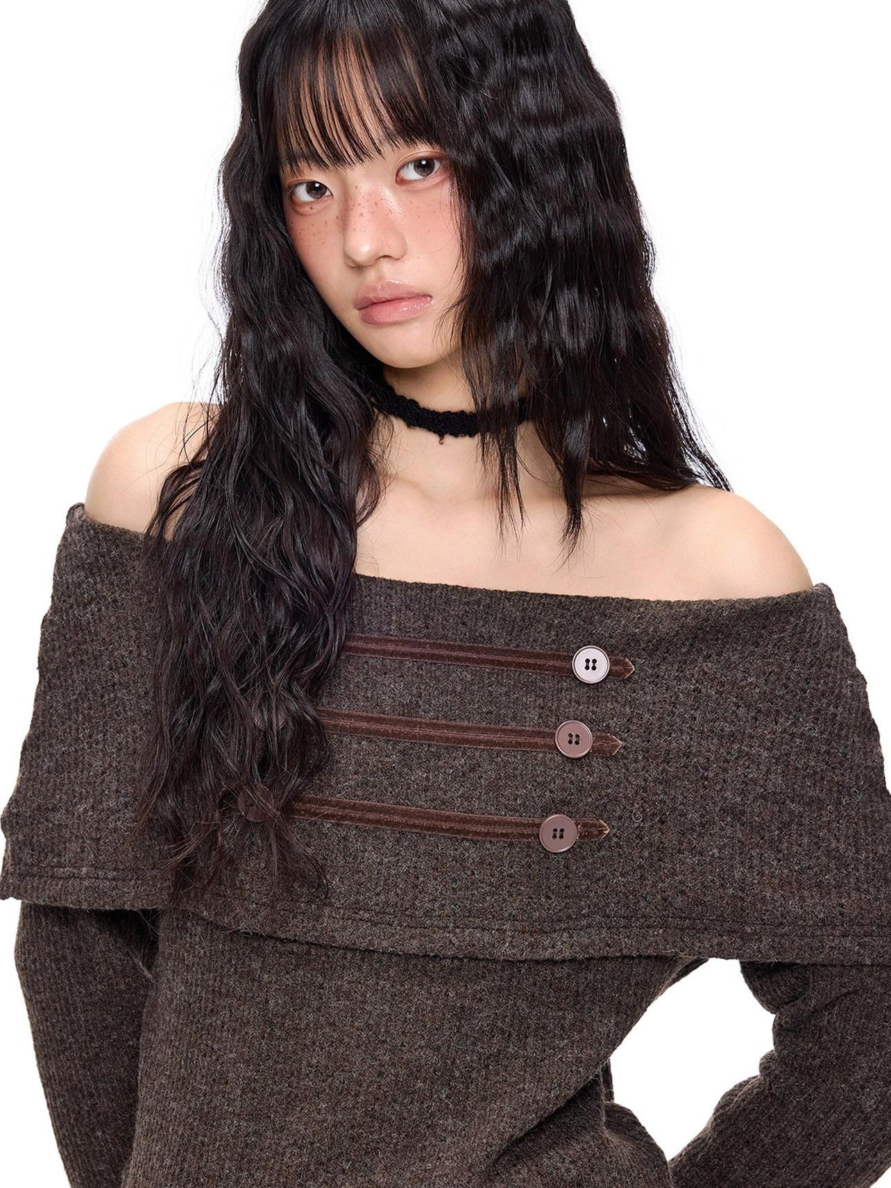 EZEK Napoleon Button One Line Collar Women's Viscose Blend Off-shoulder Sweaters