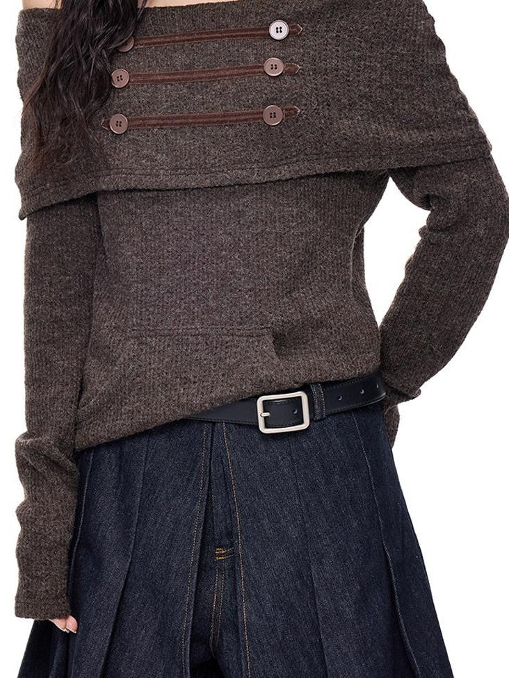 EZEK Napoleon Button One Line Collar Women's Viscose Blend Off-shoulder Sweaters